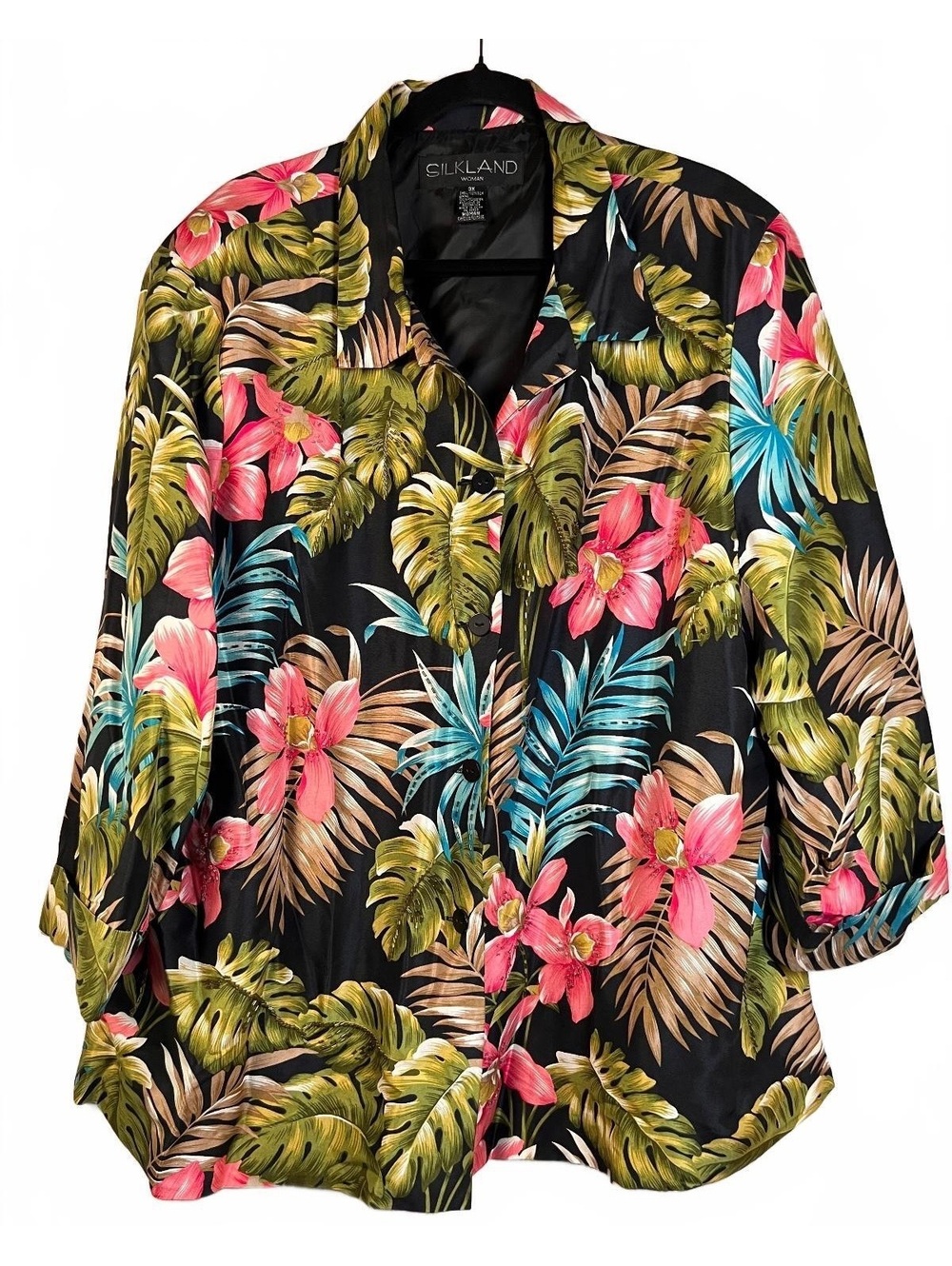 Silkland Women's 3X Tropical Floral Button-Up Shirt with Beaded Detailing